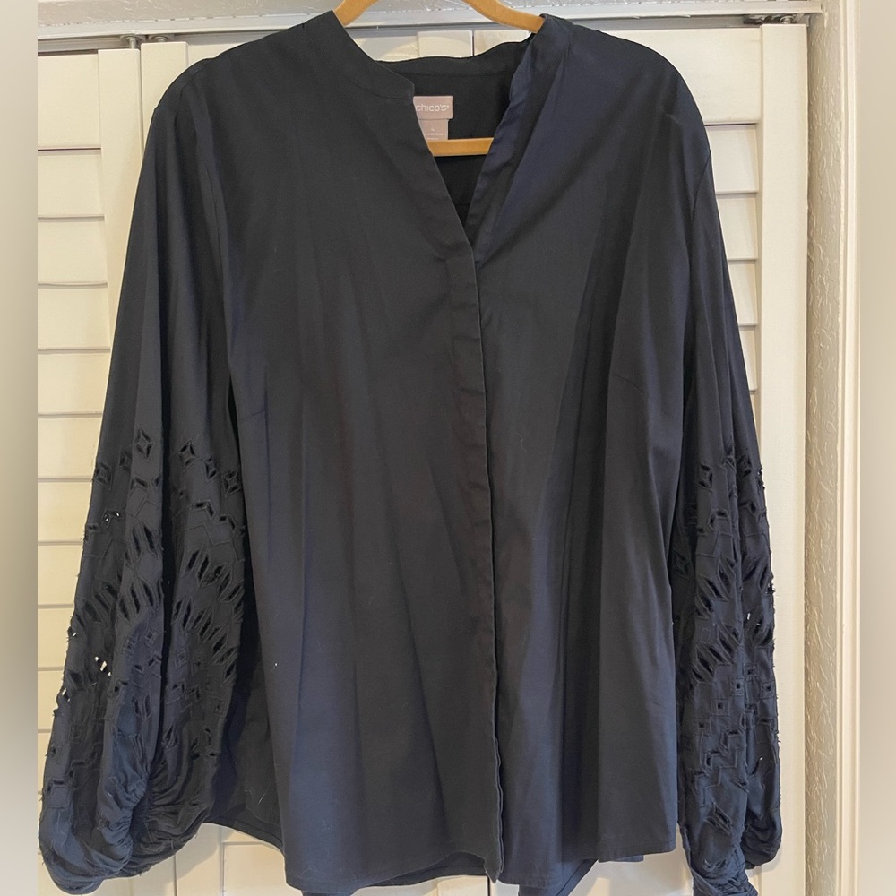 Chico's Black Button-Front Tunic with Cutout-Embroidered Sleeves